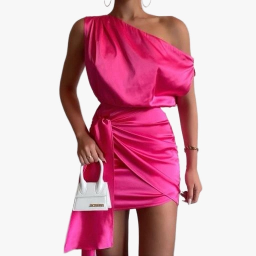 Runaway The Label Hot Pink Satin Chiffon Glossy‎ Draped Tied Mini Dress Size Med